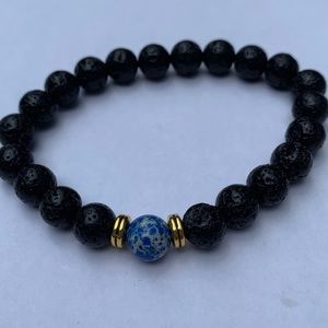 Black Lava Stone Bracelet w Blue Stone Marble bead